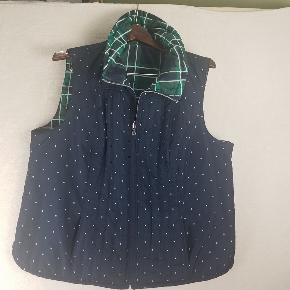 Reversible Quilted Vest Navy  White Star‎ Print Green Plaid Full Zip Women's XL
